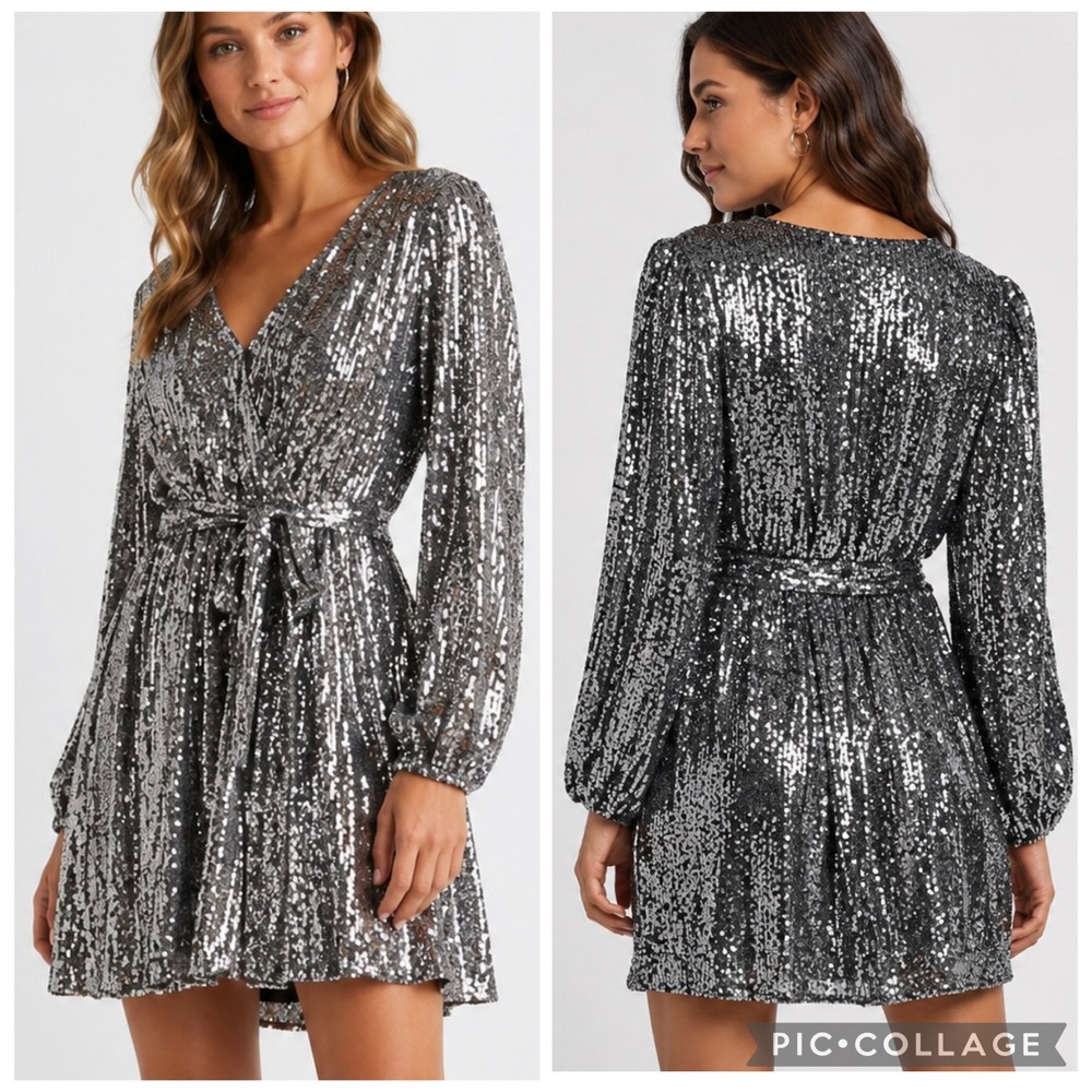 River Island Silver Sequin Belted Waist Long Sleeve Mini Dress Women's 12 NWT